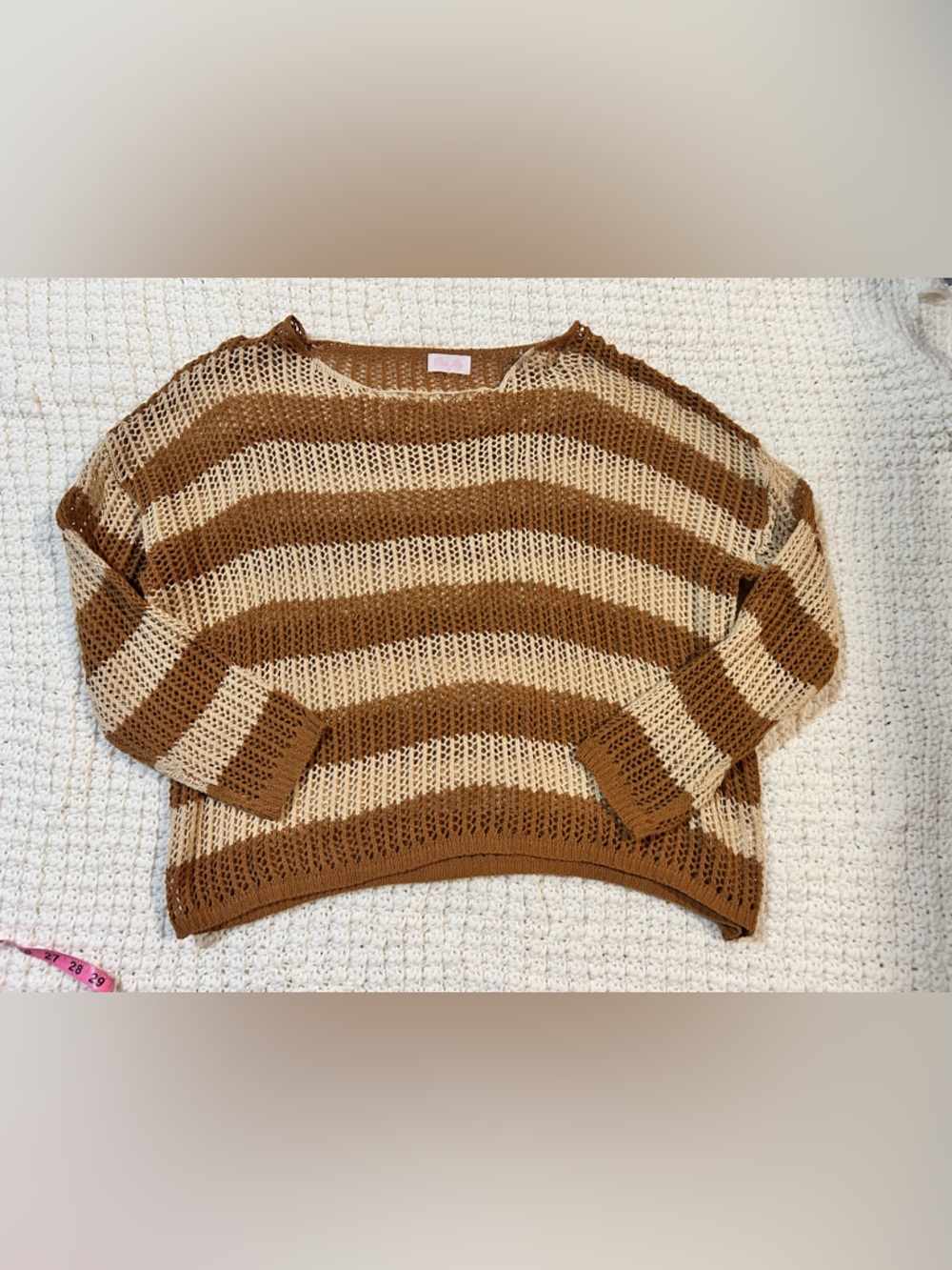 Pink Lily Cream and Brown Open-Knit Striped Sweater